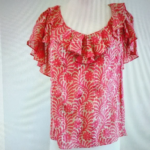 NWOT Milly Coral Red & Tan Leafy Abstract Floral Ruffle Blouse Silk Top M - Picture 3 of 10